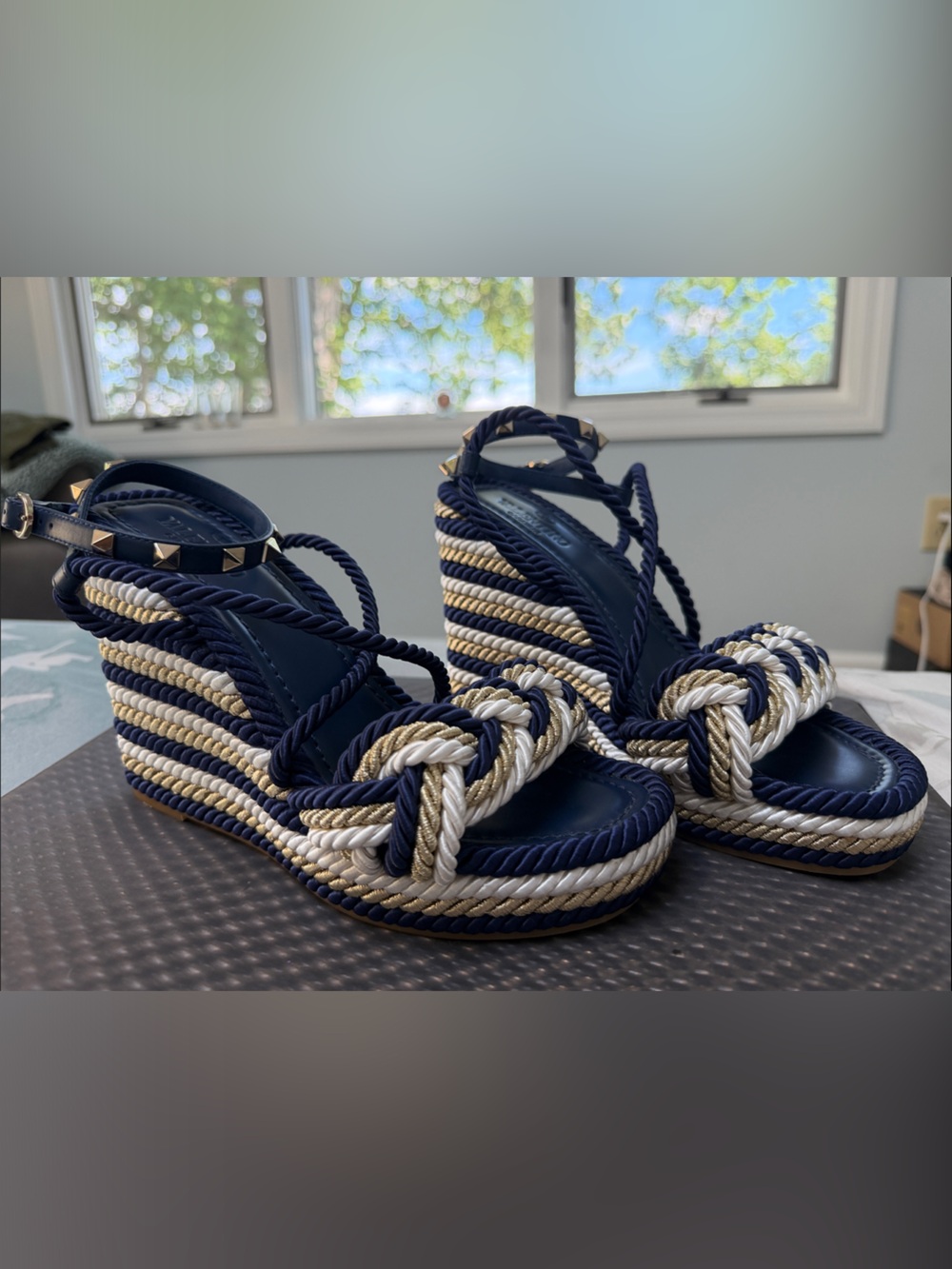 Valentino Garavani Navy, Cream and Gold Rope Espadrille Wedge Sandals